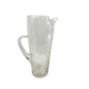 Vintage Mid Century Modern Floral Etched Tall Glass Pitcher 9" Hand Blown‎